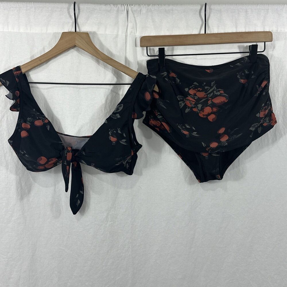Cocoship Black Floral Ruffle Bralette High Waist Two Piece Swimsuit Set Sz 8